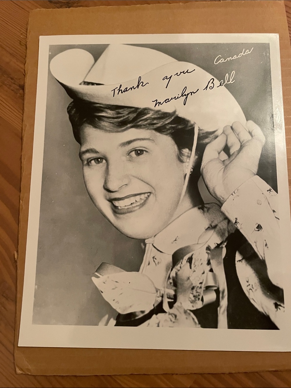 Vintage 1954 Black & White Signed Photo of Marilyn Bell in Cowboy Hat